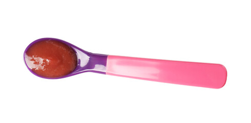 Baby food. Tasty puree in spoon isolated on white, top view