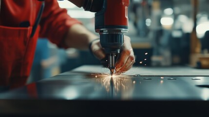 Technician adjusting the settings on a power tool for precision cutting. Featuring technical expertise and accuracy