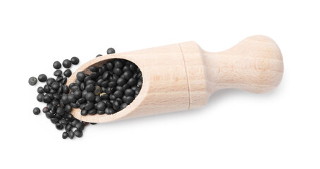 Raw lentils in wooden scoop isolated on white, top view