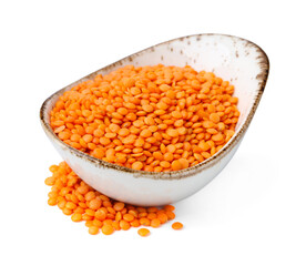 Raw lentils in bowl isolated on white