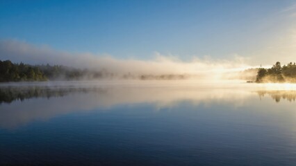 Obraz premium Breathtaking sunrise scene with misty fog on a tranquil lake, surrounded by the natural beauty of trees and nature.