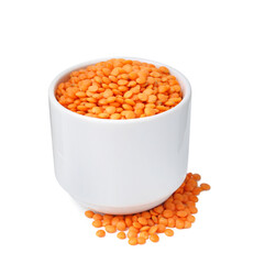 Red lentils in bowl isolated on white