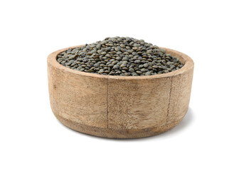 Green lentils in bowl isolated on white