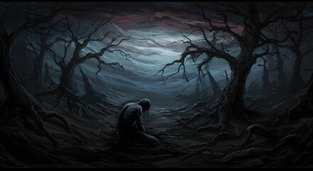 Figure Kneeling in Dark Fantasy Forest with Twisted Trees and Moody Sky