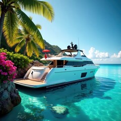 Luxury yacht with wooden deck docked in crystal-clear waters amidst swaying palm trees and vibrant tropical flowers, clear waters, marina