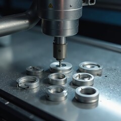 Machined aluminum parts with anodized finish on a CNC machine table, fine finish, metalwork