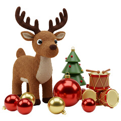 Naklejka premium Brown Reindeer with Christmas Ornaments and Drum on Transparent Background