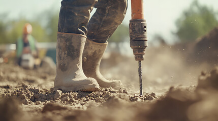 Construction worker drilling into concrete at construction site. Featuring heavy tools and concrete dust