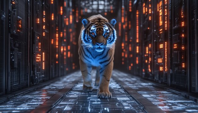 Holographic Tiger in Futuristic Cyber City, Cyberpunk Digital Space, AI, Technology, 3D Render