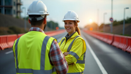 High Resolution Stock Photo of Road Construction Safety Oversight with Engineered Barriers and Professional Traffic Management Uniforms - Empty Space for Text