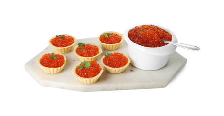 Tartlets with red caviar and parsley isolated on white