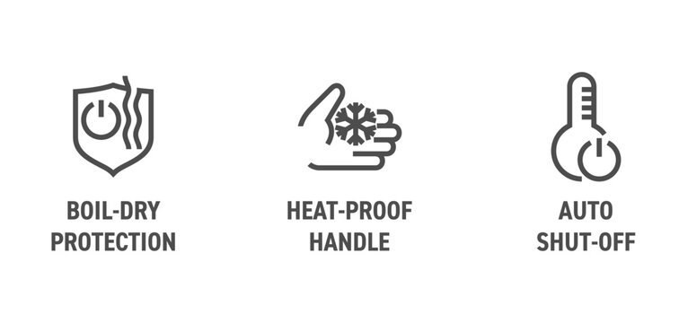 Electric kettle properties - Boil-dry protection, Heat-proof handle, Auto shut-off. Icons in bold line