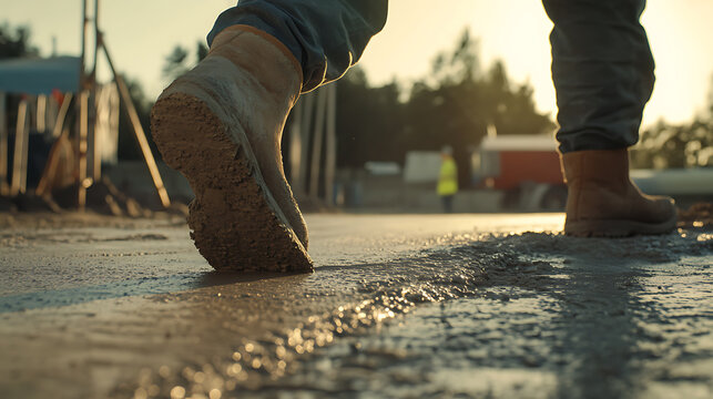 Concrete worker smoothing the surface of a newly poured driveway. Featuring concrete work