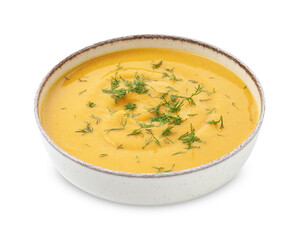 Delicious lentil cream soup with dill isolated on white