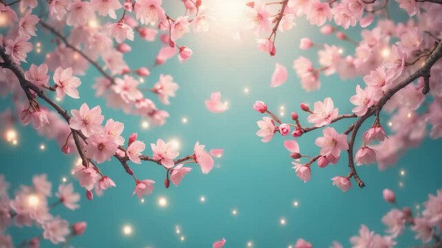Stunning spring scenery showcasing delightful blooms, petals, and bokeh in the background, seen from above, framed. Springtime theme