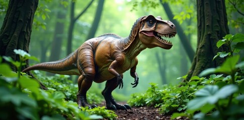 Obraz premium Majestic T-Rex standing in lush green prehistoric forest, prehistoric era, landscape