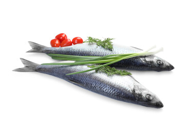 Salted herrings, green onions, dill and tomatoes on white background