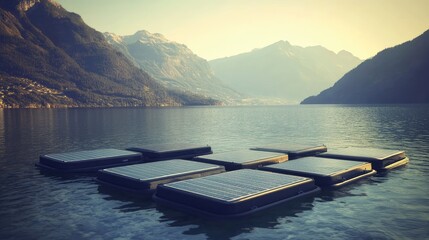 Floating modular platforms on a tranquil lake surrounded by mountains.
