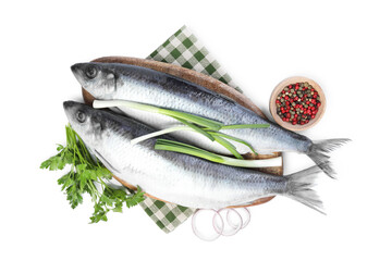 Salted herrings and spices on white background, top view