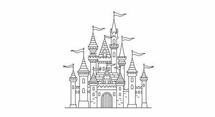 Fototapeta premium Drawing of Fairytale Castle with Flags and Towers on White Background