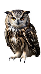 Obraz premium Owl with wings partially open, looking straight ahead, isolated on white