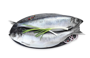 Salted herrings and spices on white background, top view