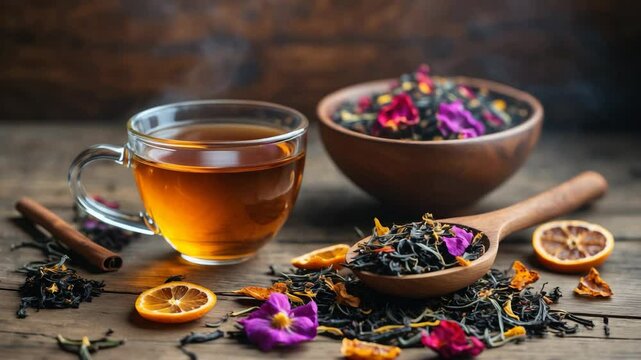 Fresh tea in a cup accompanied by different tea leaf varieties on a wooden tabletop.