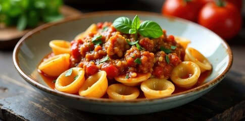 Medium shells pasta submerged in rich bolognese sauce with tender meat and vegetables, utensils, meal