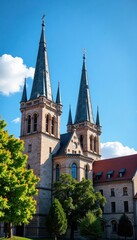 Fototapeta premium Medieval architecture with church steeples against a clear blue sky, historic buildings, skyline