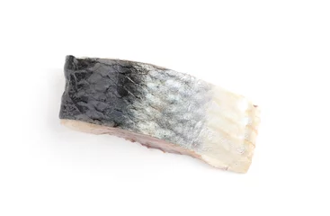 Gordijnen Piece of delicious herring isolated on white, top view © New Africa