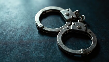 Metal handcuffs with open clasps on a metallic background, steel, lock