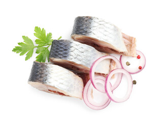 Pieces of delicious herring with spices isolated on white, top view