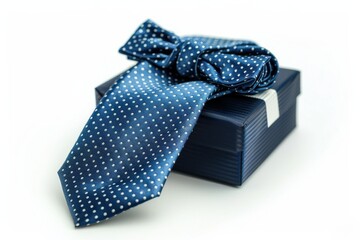 Elegant blue polka dot tie gracefully draped over a stylish gift box isolated on transparent background