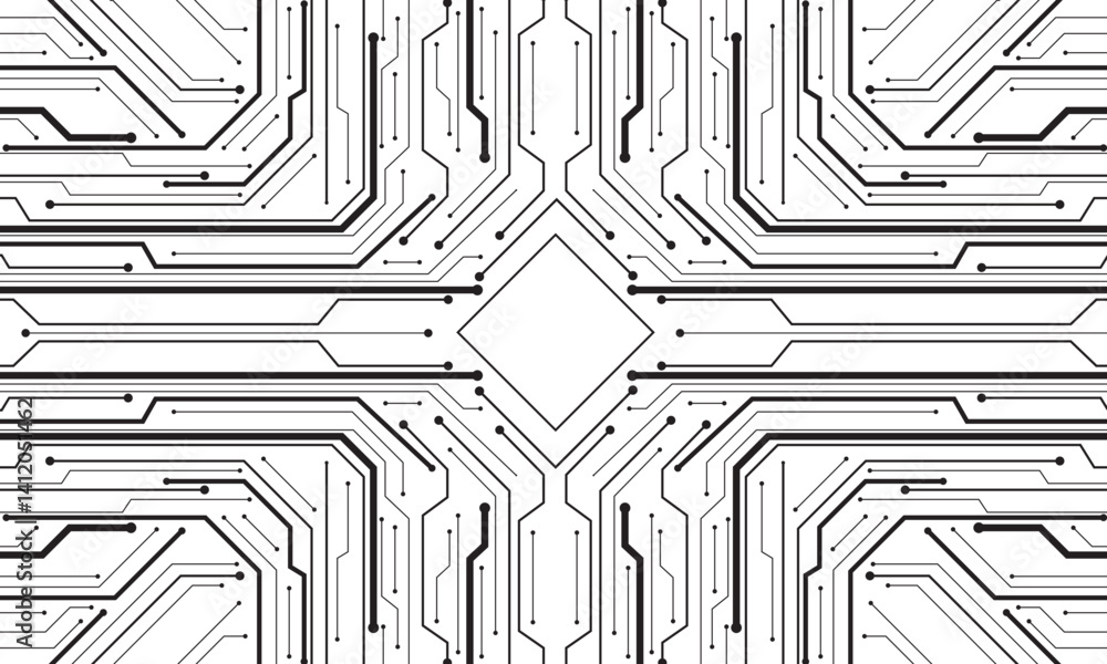 Poster Abstract black circuit board technology connected lines electronics elements computer motherboard chip processor semiconductor digital on white background vector