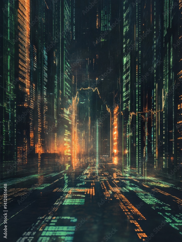 Poster futuristic urban landscape with digital overlay displaying data streams