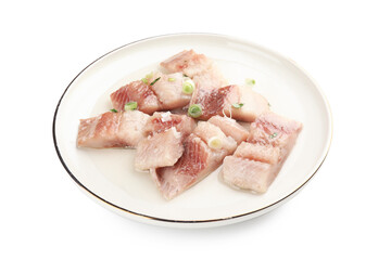 Pieces of delicious herring with green onions isolated on white