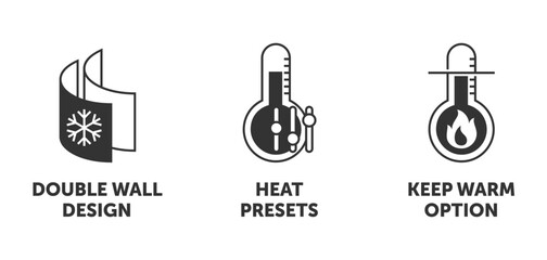 Electric kettle icons set - Double wall design, Heat presets, Keep warm option