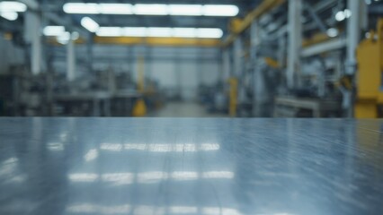 Obraz premium A factory with a large open space and a shiny metal table. The table is empty and the room is mostly empty