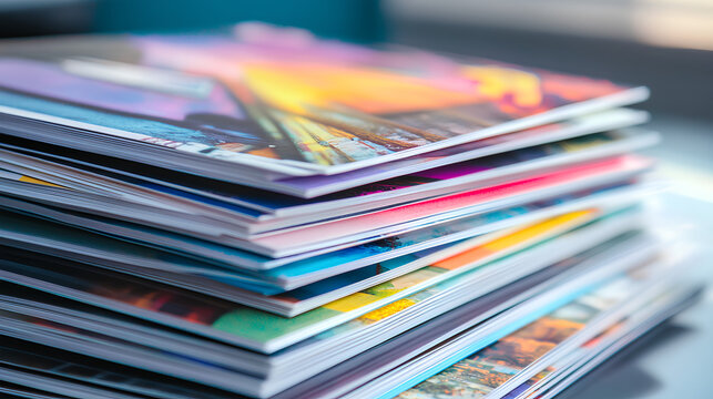 Stacked catalogs on a table, showcasing vibrant print materials for marketing