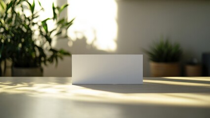 Minimalist Desk Setup with Blank Card and Indoor Plants