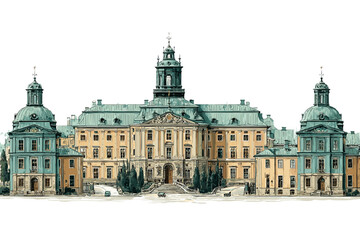 Fototapeta premium Detailed vector of a royal European palace with domes, symmetrical facade and stairs. Elegant architecture with vintage charm