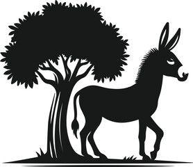 Vector silhouette of a donkey with forest tree
