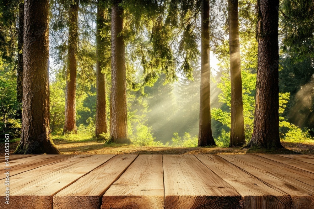 Poster sunlight filtering through trees in a serene forest setting during the morning