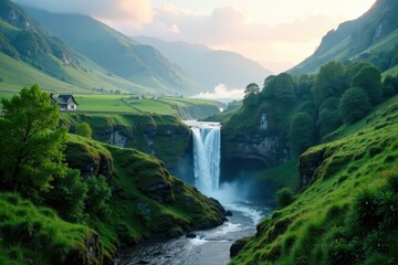Misty morning in a lush valley with a gentle waterfall, set amidst rolling hills and dense vegetation, nature, landscape