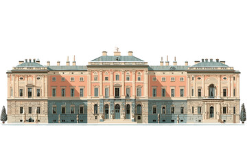 Fototapeta premium Vector illustration of a neoclassical pink palace with grand staircases and symmetrical windows. Soft pastel tones and clean architectural lines