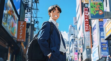 Naklejka premium A young man wearing a white shirt and blue suit stands in a busy city. It represents one's efforts to develop confidence and talent over time.