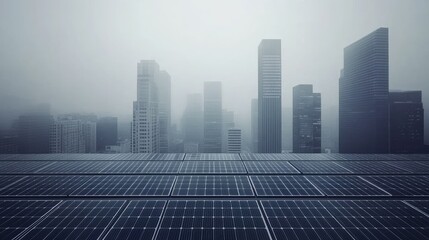Rooftop solar panels overlook a hazy urban skyline.