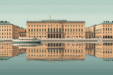 Vector illustration of the Royal Palace of Stockholm reflected in calm water with a sightseeing boat docked nearby. Peaceful architectural river scene
