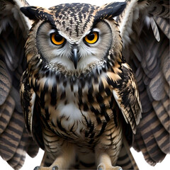 Owl with wings partially open, looking straight ahead, isolated on white