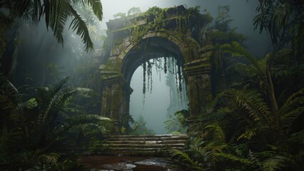 Obraz premium Ancient stone archway in a dense jungle, leading to an unknown adventure.